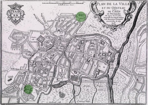 A map of Caen produced in 1718 shows the sites of the Abbaye aux Hommes (bottom left) and the Abbaye aux Dames (top centre) 