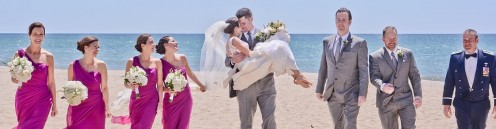 Bridesmaids, bride, groom, groomsmen.