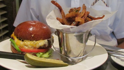 My husband had a delectable Carrot Ginger Soup and a Green Meadow Double Cheddar Burger with Sweet Potato Fries.