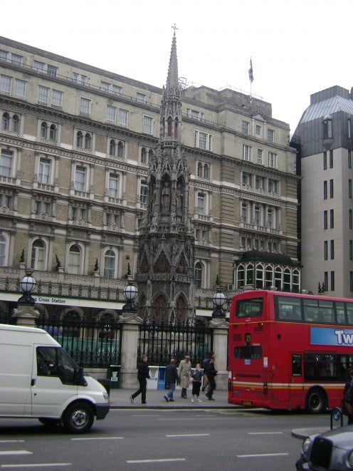 A replica of the Eleanor Cross erected in the Charing Cross railway station forecourt.