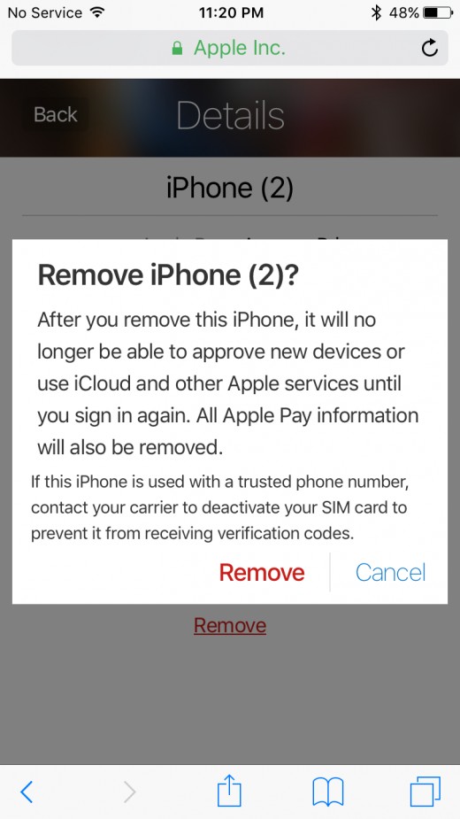 Press "Remove" in the next warning dialog box that appears to verify for the final time that you want to remove your Apple ID from the specified device.