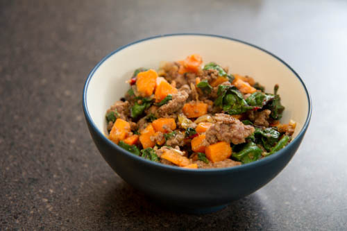 Hamburger hash is the center of this dish.