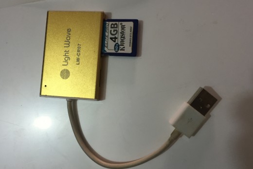 An SD card plugged into a USB adaptor