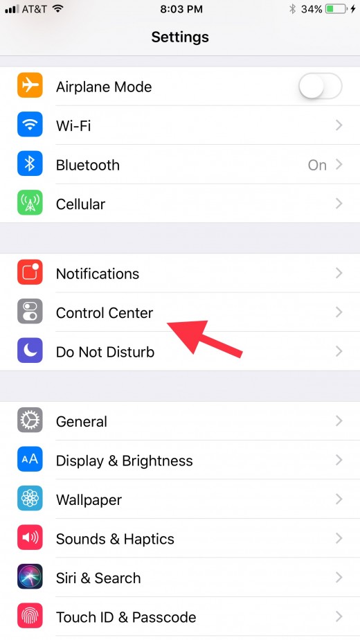 Select "Control Center" in the Settings window.