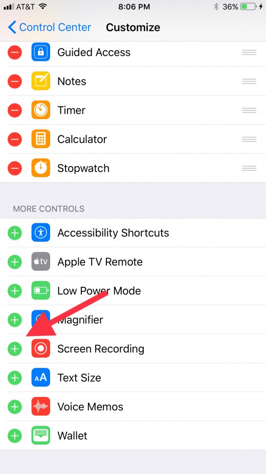 Tap the "+" icon to the left of Screen Recording to move that feature into the Include section.