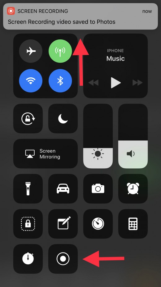 After you stop recording, the Screen Recording icon will turn white again, and a message appears along the top of your screen, notifying you that the video of your screen recording has been saved to the Photos app.