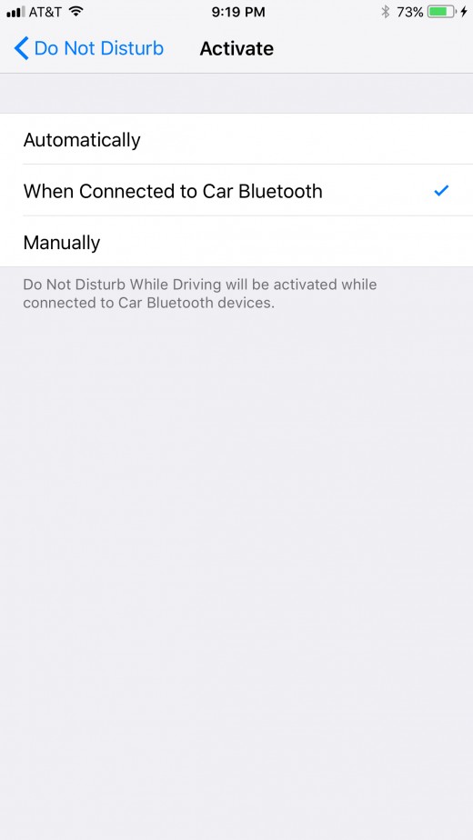 Choosing "When Connected to Car Bluetooth will only enable the Do Not Disturb While Driving feature when your iPhone detects that your connected to Bluetooth in a vehicle. 