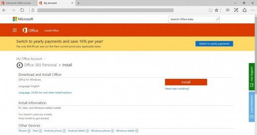 Click the orange "Install" button in the Download and Install Office section.