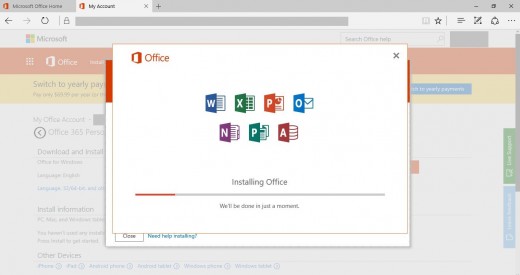 When your computer is ready, the orange window will disappear and an Office window that lists a handful of core Microsoft application icons and a progress bar appears.
