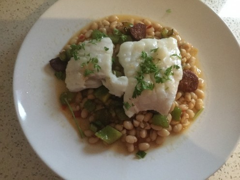 Cod With Chorizo, Peppers, and Haricot Beans in White Wine Cod With Chorizo, Peppers, and Haricot Beans in White Wine