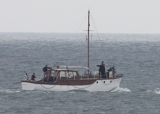 The boat used as the setting for the English Channel venue, with its "crew".