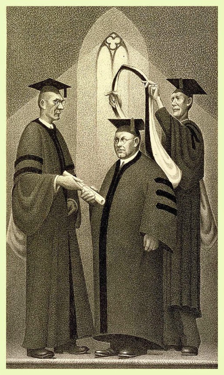 This lithograph titled 1937 Honorary Degree is just one of the many Black & white images that Grant wood created during his lifetime.