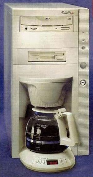 family computer with built in coffee maker for caffeine addicts