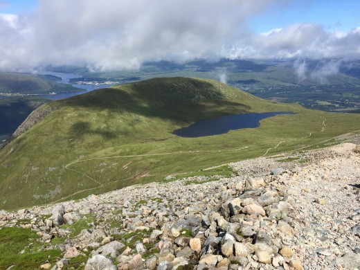 That is a fantastic rearward view. In the backdrop lies Lochan Meall an t-Suidhe and Meall an t-Suidhe. You can make out the line of the mountain track that we have not so long ago trekked.