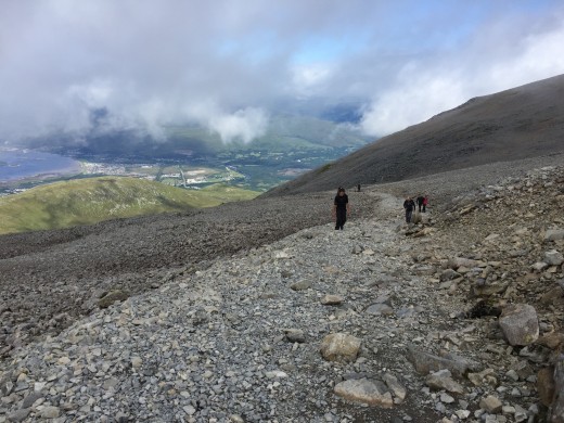 The view of where we have just trodden. The mountain track is quite busy today, the fair weather report  has encouraged many to challenge Ben Nevis. Only in fine summer weather would we ever contemplate challenging Ben Nevis.