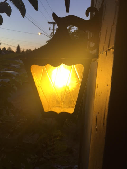 Porch light with yellow light bulb
