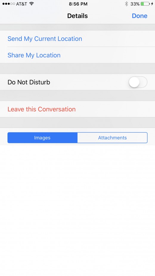 Tap the "i" icon in the upper right corner of the screen where the group chat is displayed. The Details screen for that specific chat appears. Scroll down the Details screen until you see a red "Leave this Conversation" button.