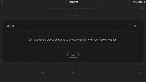 If you're watching a video and suddenly lose connectivity to the Plex Media Server, you'll see a message similar to this one.