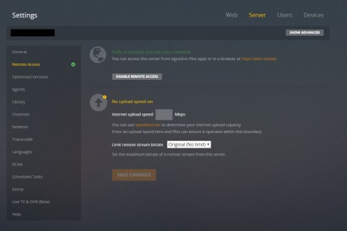 You can check to see if you have remote access turned on by navigating to Settings, Server, and Remote Access.