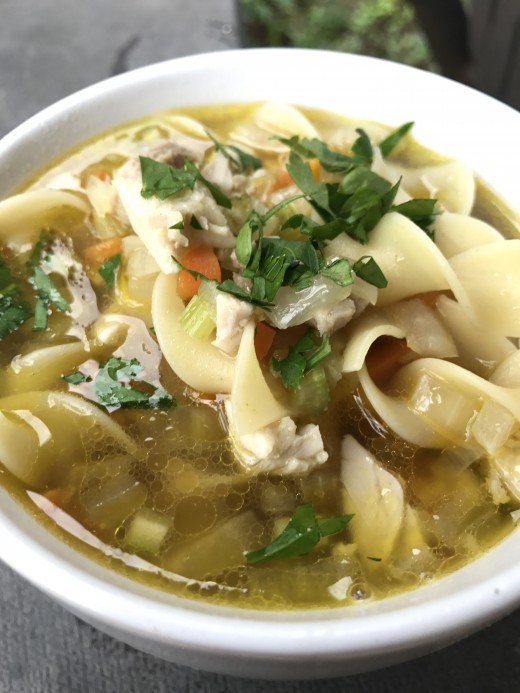 Although the homemade cihcken noodle soup stores well and reheats beautifully, I like to serve it immediately. Pair it with a fresh green salad and crusty French bread and you have the perfect meal.