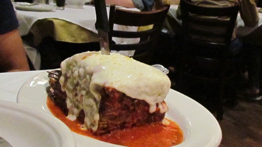 At Carmine's restaurant on our anniversary, Walker had the delicious Eggplant Parmesan which was covered in cheese and sauce. I had the Porter House Steak. The food was delectable and abundant. 