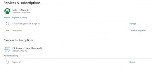 Select "Manage" to the right of the line item in the section associated with your Xbox Live subscription.