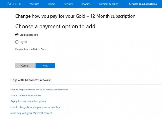 Choose to pay via a credit or debit card, and then click the blue "Next" button.