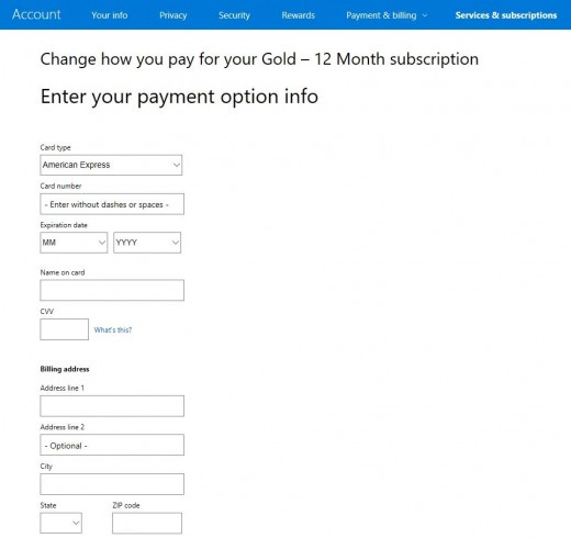 The Enter Your Payment Option Info screen appears. This is where you'll enter your credit or debit card type, number, expiration date, and all other information associated with your card.