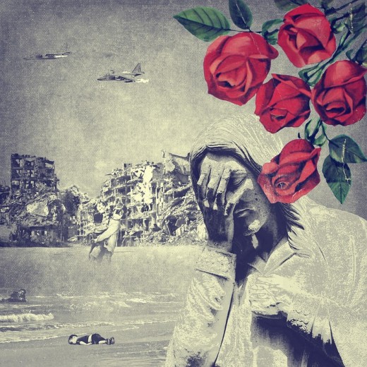 Interpretive artwork of the refugee crisis