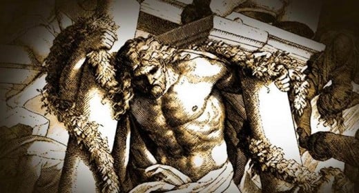 Samson toppling the pillars of the temple of Dagon.