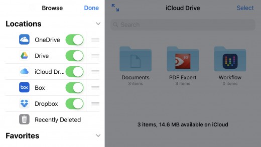 Tap the blue "Edit" button in the upper right corner of the screen. Green toggles will appear to the right of each storage service in the list.