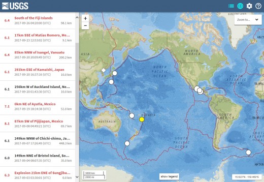 USGS map and listing of M6.1 or larger earthquakes for the month of September 2017 (the one M6.0 quake listed is an underestimation by the USGS and is best rated at least a M6.1 per other reliable sources).