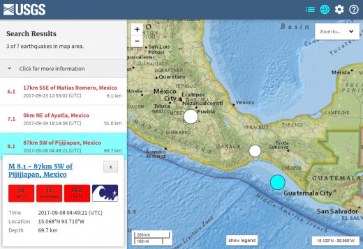 Zoom in on the three significant and deadly earthquakes in Mexico for September 2017. Source=USGS web site.