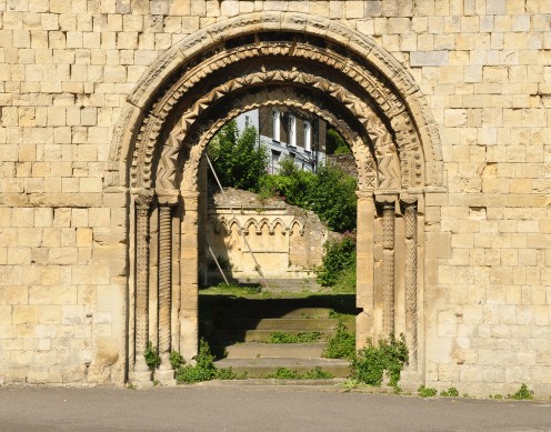 The doorway of the ruined St James's Church in Dover, Kent.