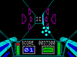 The famous trench run in 3D Starstrike on the ZX Spectrum