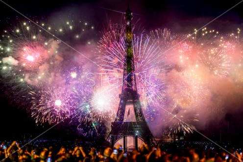 New Year Celebration Fireworks Behind Eiffel Tower