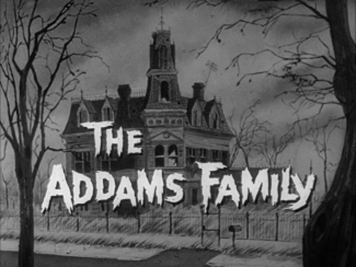 The Addams Family opening title card showing the Addams family house.
