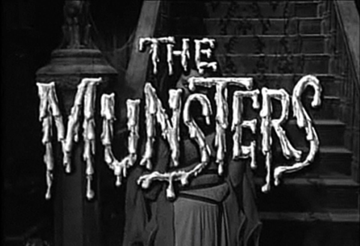 The Munsters opening title card showing Lily (Yvonne DeCarlo) and the view inside the house from the front door.