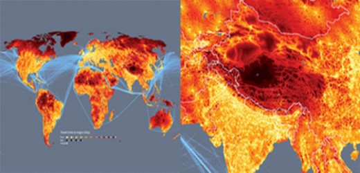 The first image shows the final map while the second image shows a zoomed view over the world's most remote place, right in the center and black: The Tibetan plateau. 