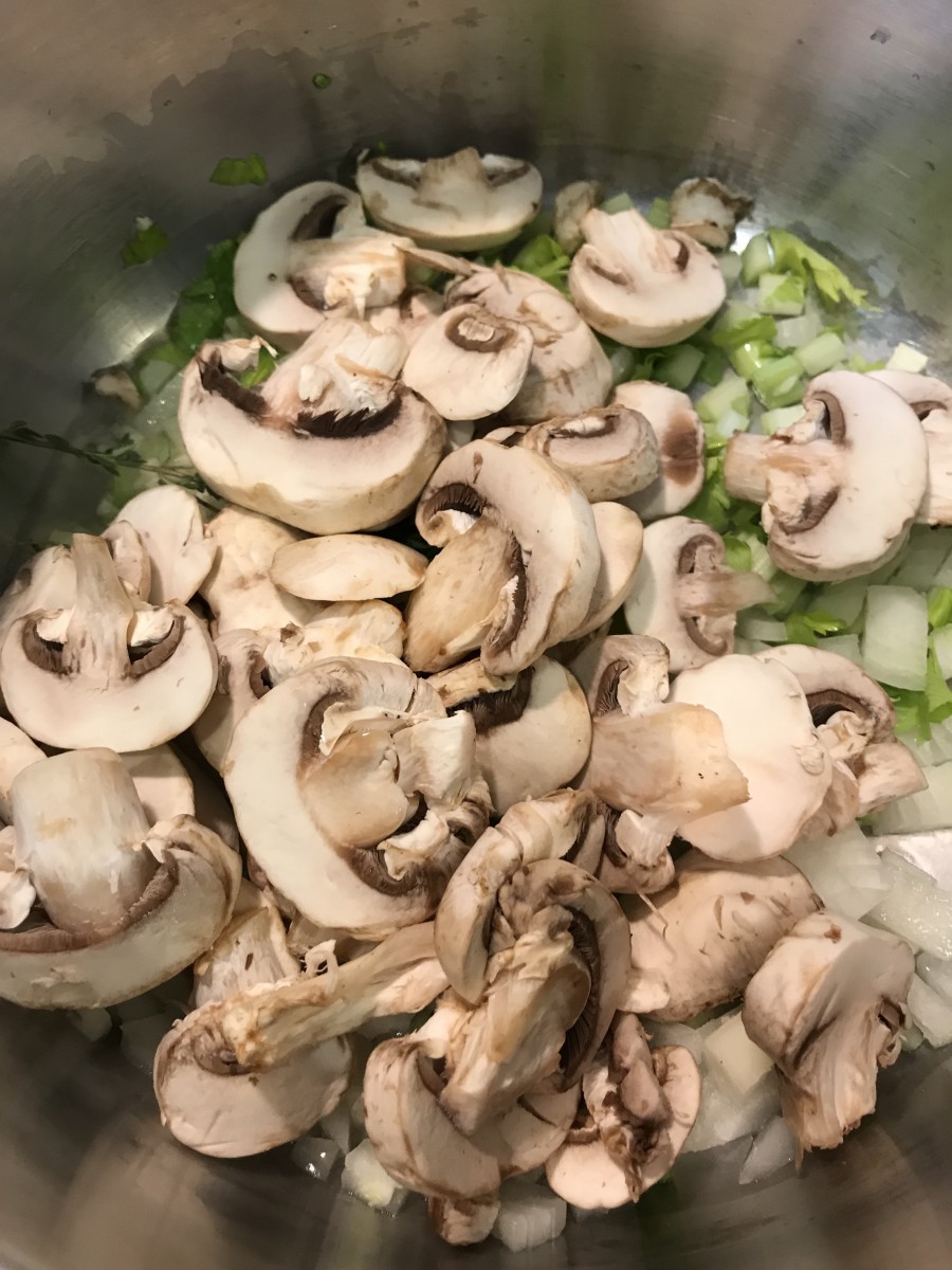 There's a lot of flavor packed into this casserole - and the foundation comes with lots of veggies. Onion, celery, garlic and mushrooms are sauteed with fresh thyme just until fragrant and softened.