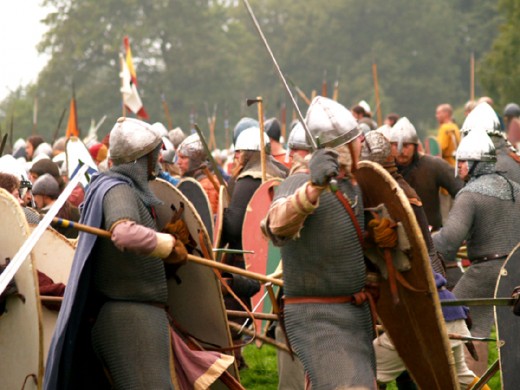 Harold's huscarls (with kite-shaped shields) engage the Norsemen at Stamford Bridge ahead of the fyrd in a new onslaught