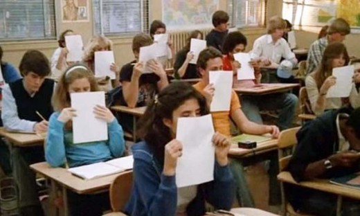 Jennifer Jason Leigh (second row left) and classmates would rather sniff freshly mimeographed paper rather than take one of Mr. Hand’s quizzes in Fast Times at Ridgemont High