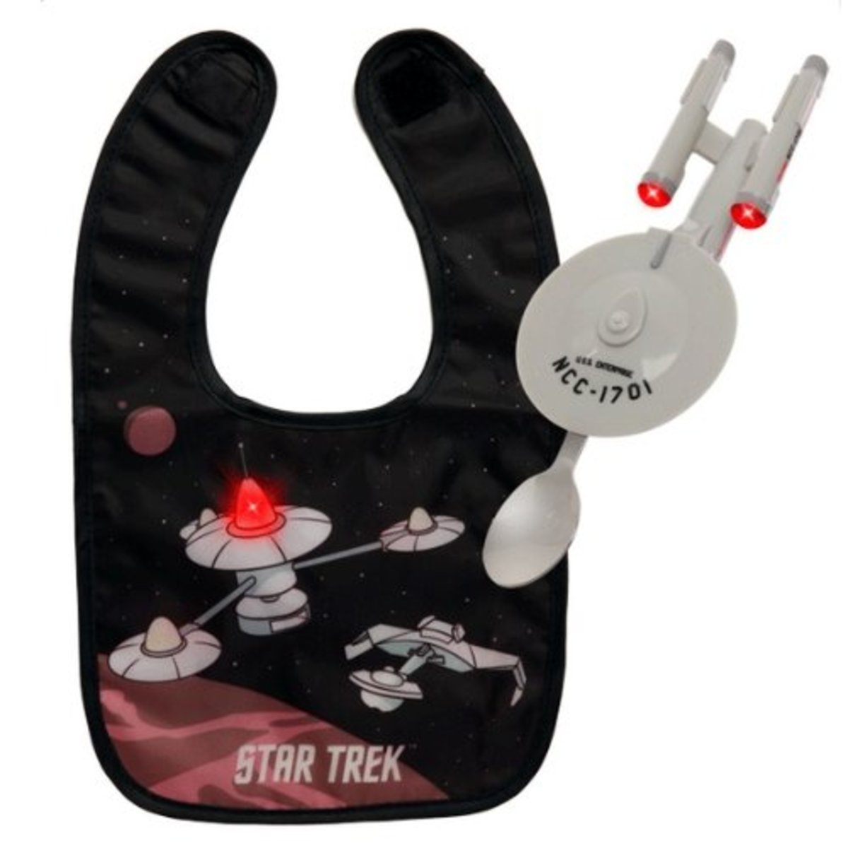 Light up bib and USS Enterprise baby spoon are the perfect gift ideas for a baby born into a Trekkie family