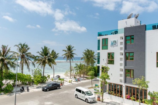 A guesthouse in Hulhumalé. Guesthouses line the beachfront in this recently developed island.