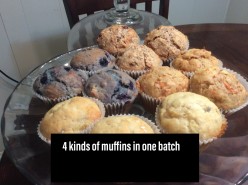 One Pan, Four Kinds of Muffins: Banana, Carrot, Blueberry, and Bran Raisin.
