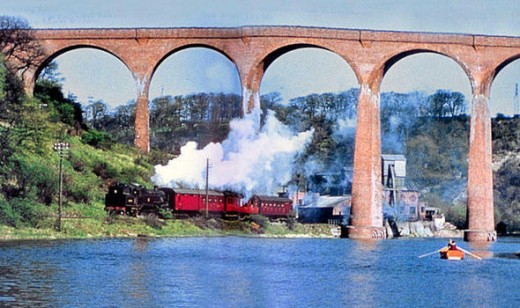 A local passenger train in the mid-1950s before diselisation of sevices passes under Larpool Viaduct, built in the late 1880s to carry the Whitby-Scarborough Railway