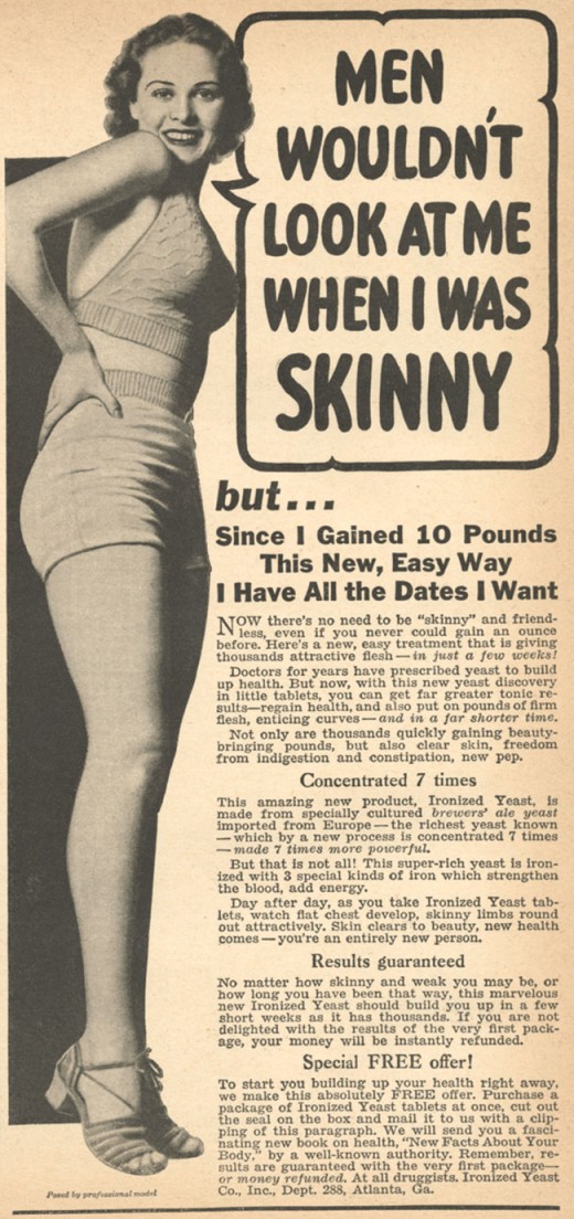 Here is a newspaper ad from the 1920's encouraging women to buy this product to gain weight. 