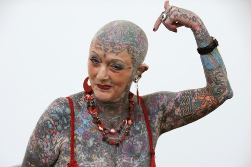 Isobel Varley, who entered the Guiness Book of World Records in 2000 as the world’s most tattooed senior woman. 