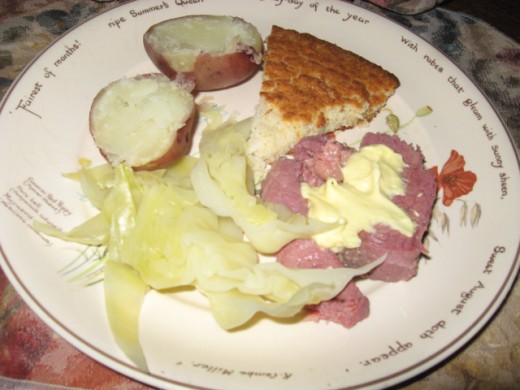 Good ole Corned Beef and Cabbage and Corn Bread. 