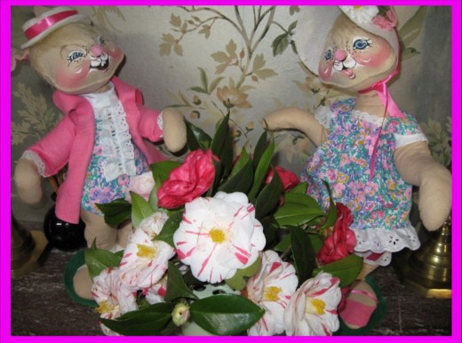 Photo Credit: Photo by Nancy Hellams of Camellia Blossoms and Annalee Easter Dolls